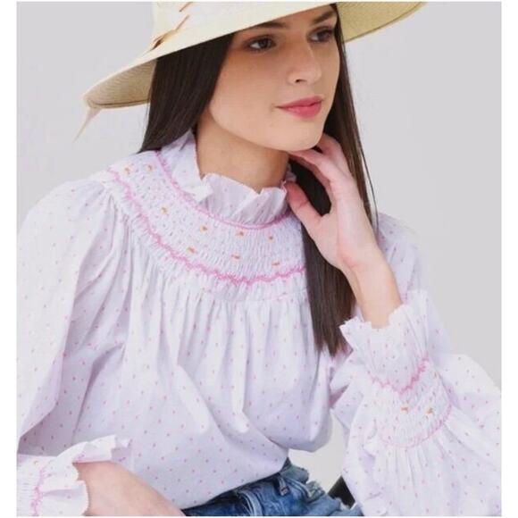 HUNTER BELL Sz M Medium Pink White Dot Smocked Hayes Blouse Shirt - Picture 10 of 10